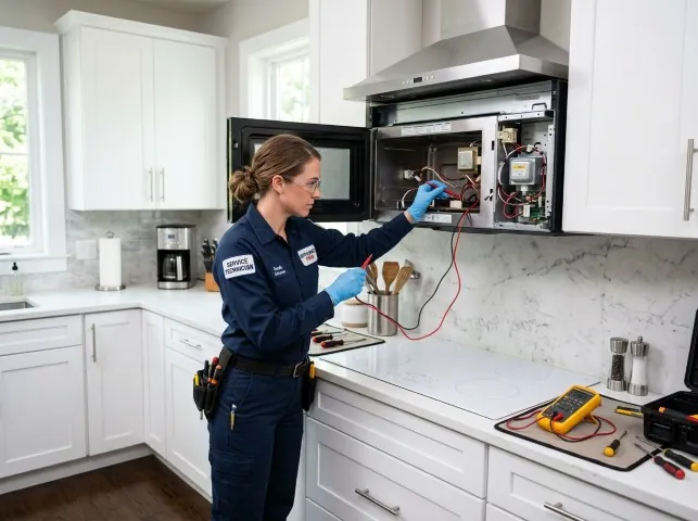 Appliance Repair Hero technician testing an over-the-range microwave in a Bluff City, TN kitchen
